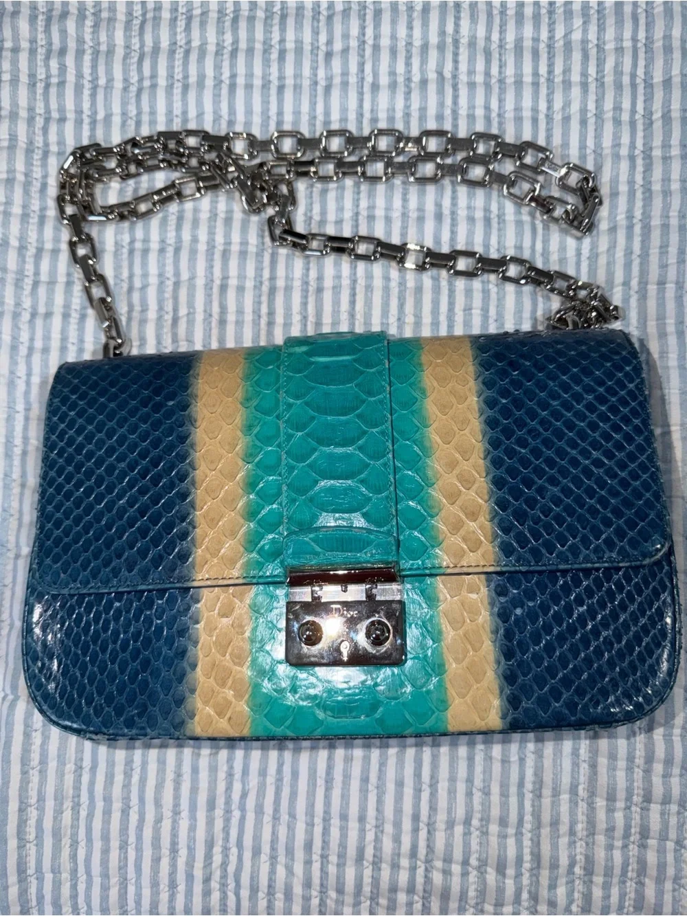 Cristian Dior Blue Teal Cream Python-Embossed Crossbody Bag